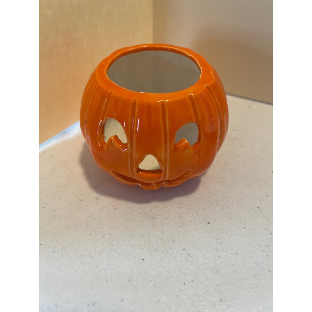 Miniature Orange Ceramic Jack-O-Lantern Halloween Votive Tea Light Holder